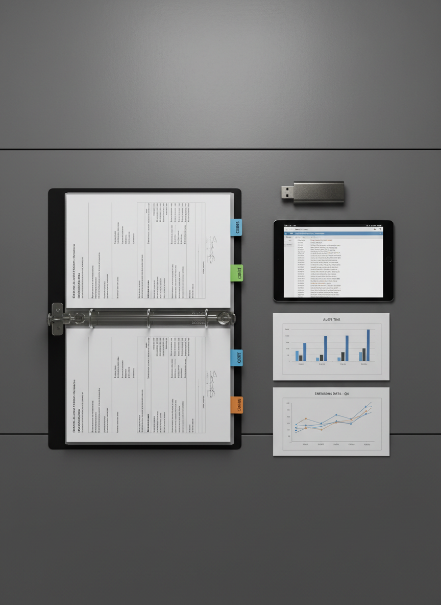 An overhead view of a meticulously organized steel import documentation workspace on a matte grey table. At the center lies an open folder with neatly aligned CBAM forms, certificates, and customs documents, each labeled with small colored tabs. To the side, a rugged metal USB drive, a tablet displaying a digital audit trail, and printed graphs showing emissions data form a balanced arrangement. Soft, diffused office lighting from above eliminates harsh shadows, giving everything a clear, legible appearance. The composition uses clean lines and a minimalist aesthetic, with photographic realism and a calm, controlled mood that communicates structure, traceability, and audit-readiness for steel importers and traders.