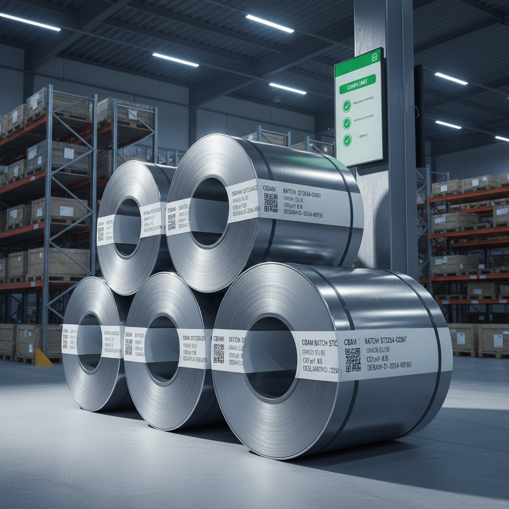 A close-up, photographic view of polished steel coils stacked in a modern warehouse, each coil wrapped with a white label showing QR codes and CBAM-related batch information. The background reveals tall industrial shelving and a large digital display mounted on a steel column, showing a simplified compliance dashboard with green status indicators. Cool, directional overhead lighting highlights the metallic textures, creating crisp reflections along the curved surfaces while casting defined but soft-edged shadows on the warehouse floor. Shot from a slightly low angle with moderate depth of field, the image feels professional, precise, and technologically advanced, emphasizing traceability and controlled logistics in the steel supply chain.